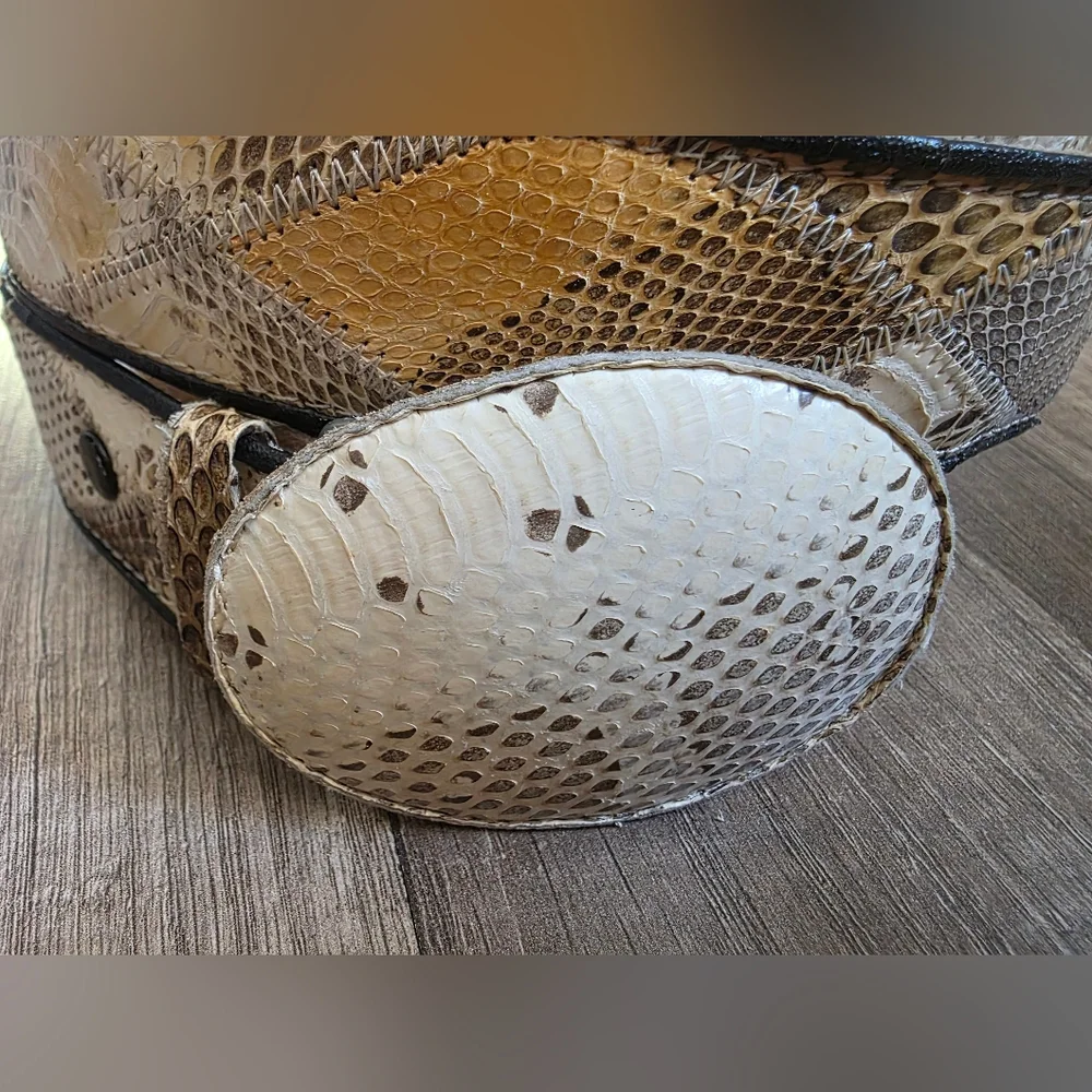 Artisan White and Brown Snakeskin Leather Belt with Oval Buckle